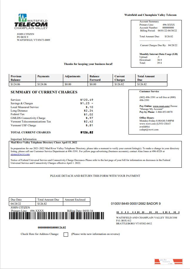 USA Waitsfield Telecom utility bill template in Word and PDF format